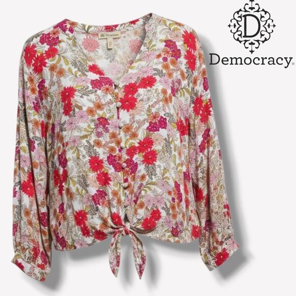 Democracy Women’s Floral Tie-Front Blouse PS Petite – 100% Rayon Boho Style - Picture 8 of 9